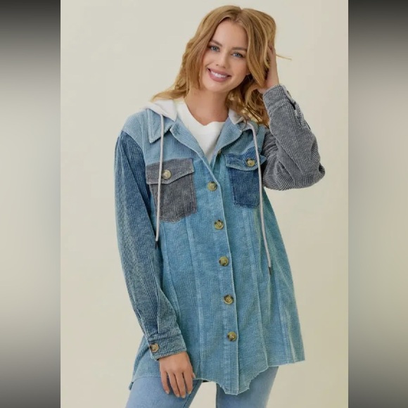 360. Hoodie Jacket Corduroy Washed Color block Blue Mix S, M & L NEW Item NWT - Picture 6 of 8